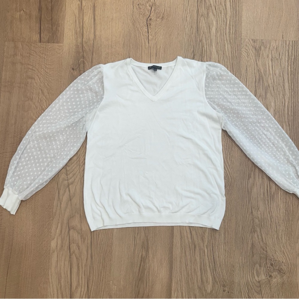 Adrianna Papell Sheer Swiss Dot Puff Sleeve V neck Sweater L